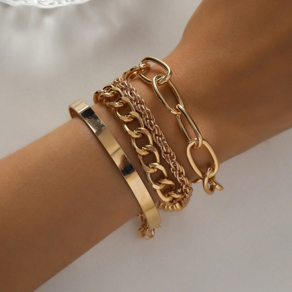 Set of 4 Fashion Bracelets Bohemian Style Link Chain Cuff Gold tone Metal Iron - Picture 1 of 5
